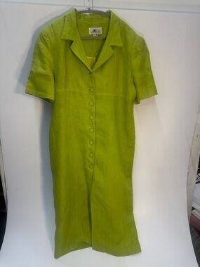 Vintage Club France Linen Dress Italy Size 16 Lime Green Midi